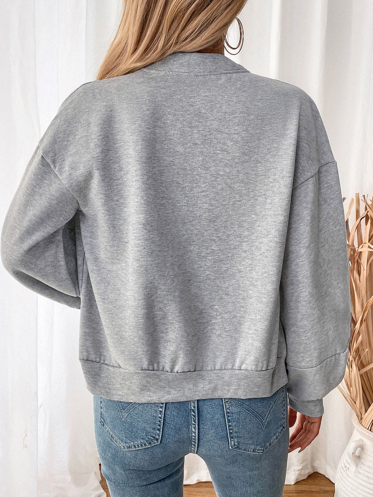 Cropped Zip Up Fleece Bomber Jacket - Grey - 1