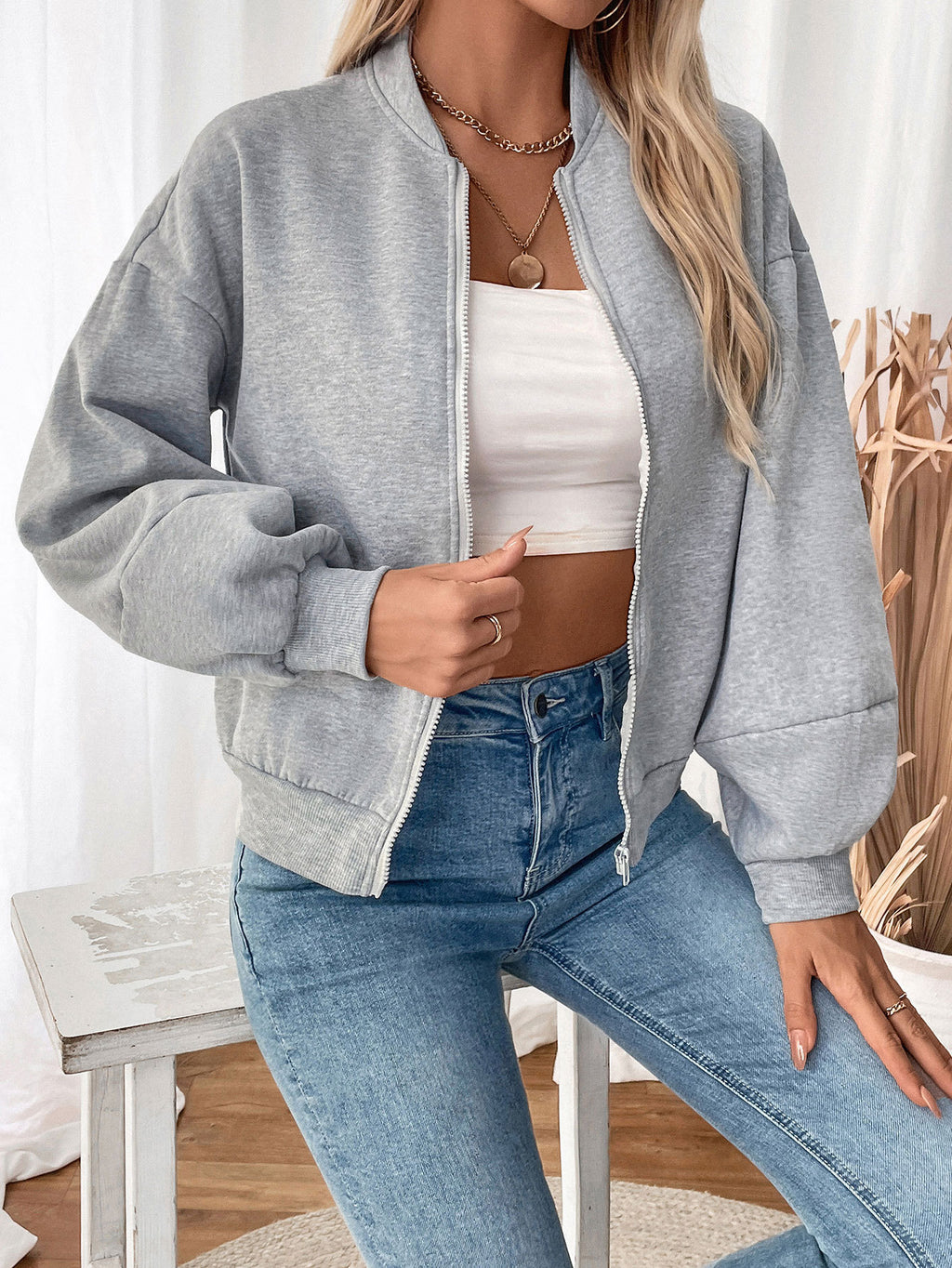Cropped Zip Up Fleece Bomber Jacket - Grey - 6
