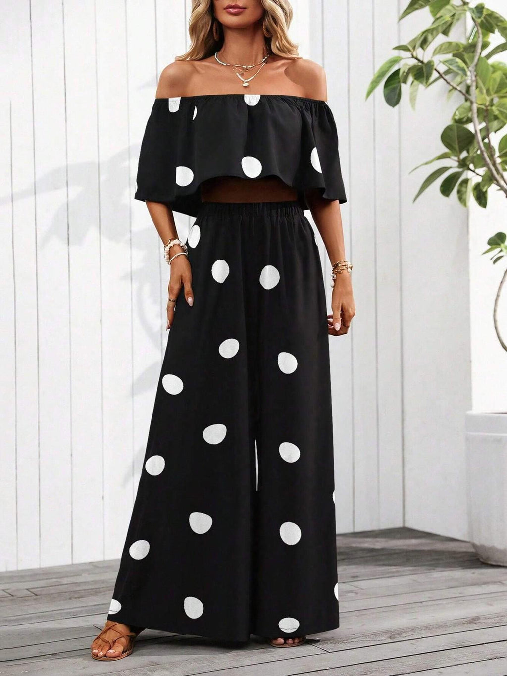 Polka Dot Ruffle Top and Wide Leg Pant Set - Black