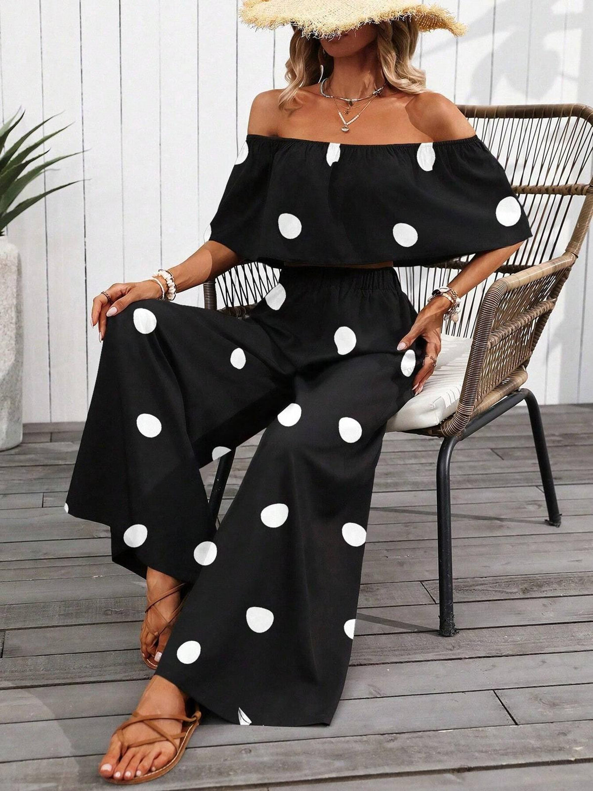Polka Dot Ruffle Top and Wide Leg Pant Set