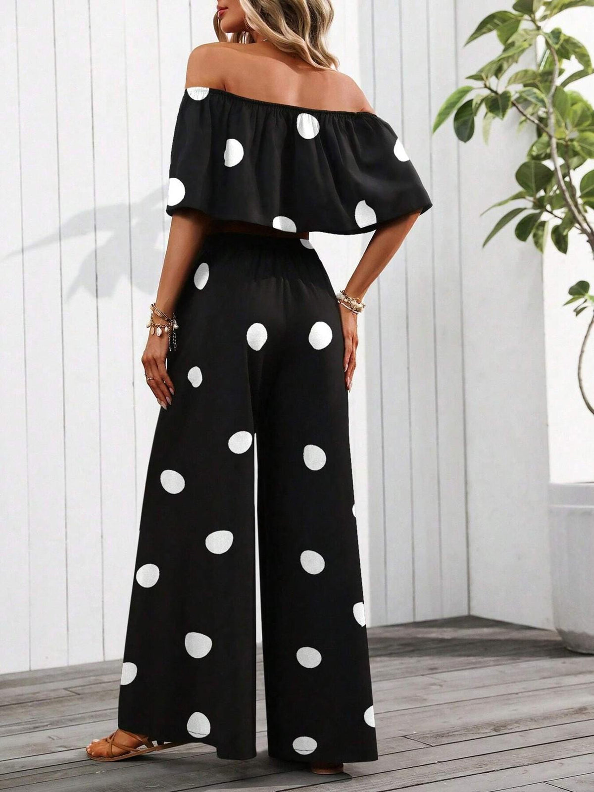 Polka Dot Ruffle Top and Wide Leg Pant Set - view 1