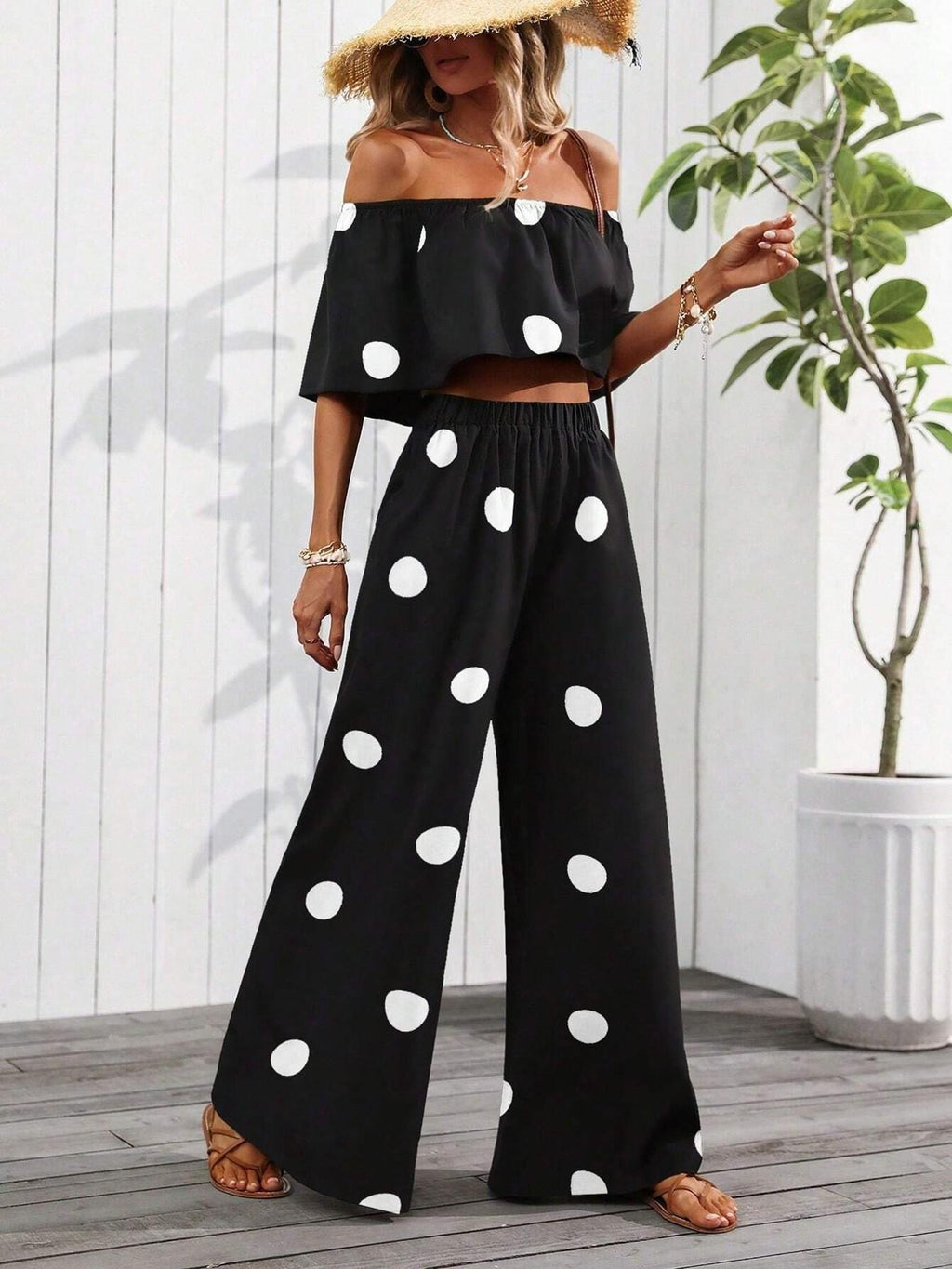 Polka Dot Ruffle Top and Wide Leg Pant Set - view 2