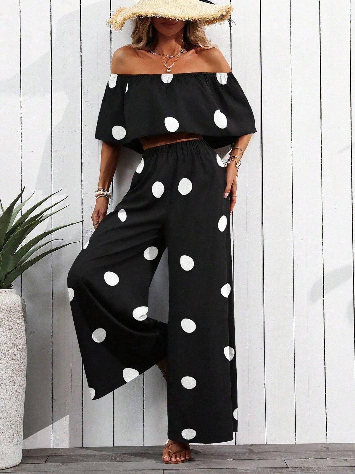 Polka Dot Ruffle Top and Wide Leg Pant Set - view 3