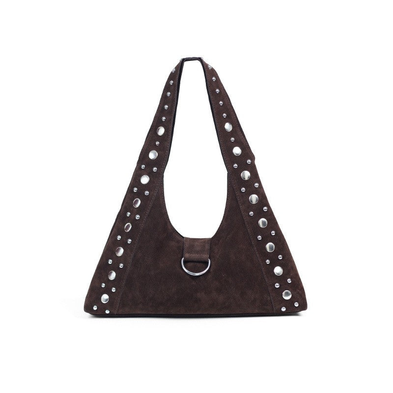 Studded Faux Suede Hobo Shoulder Bag - Chocolate