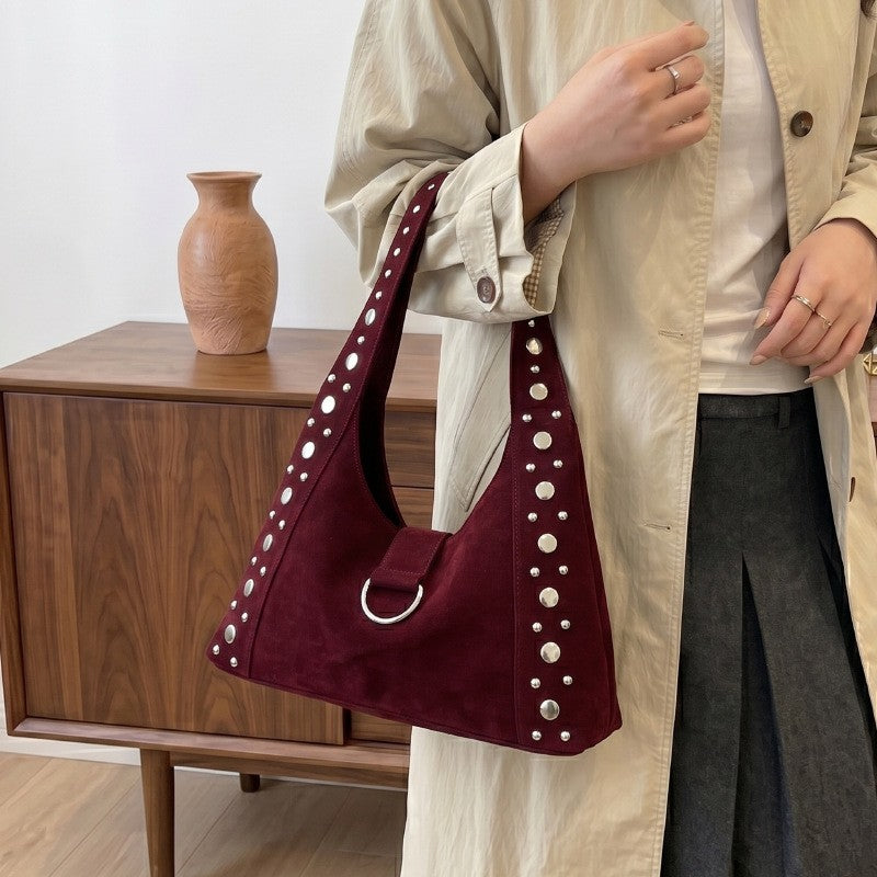 Studded Faux Suede Hobo Shoulder Bag