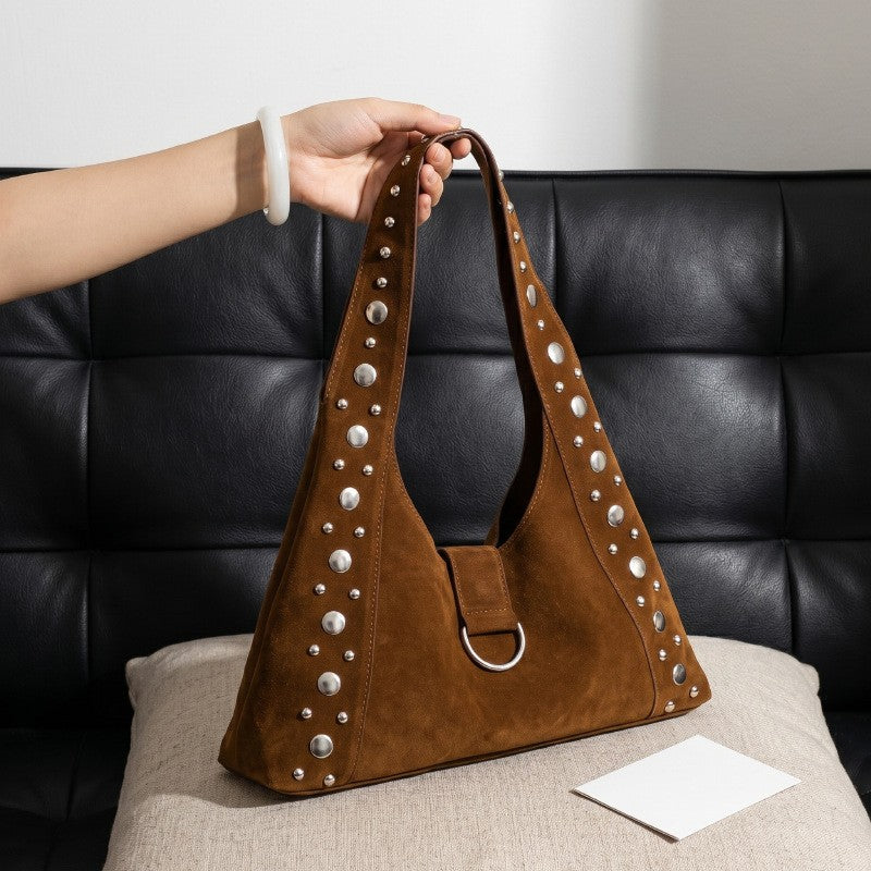 Studded Faux Suede Hobo Shoulder Bag
