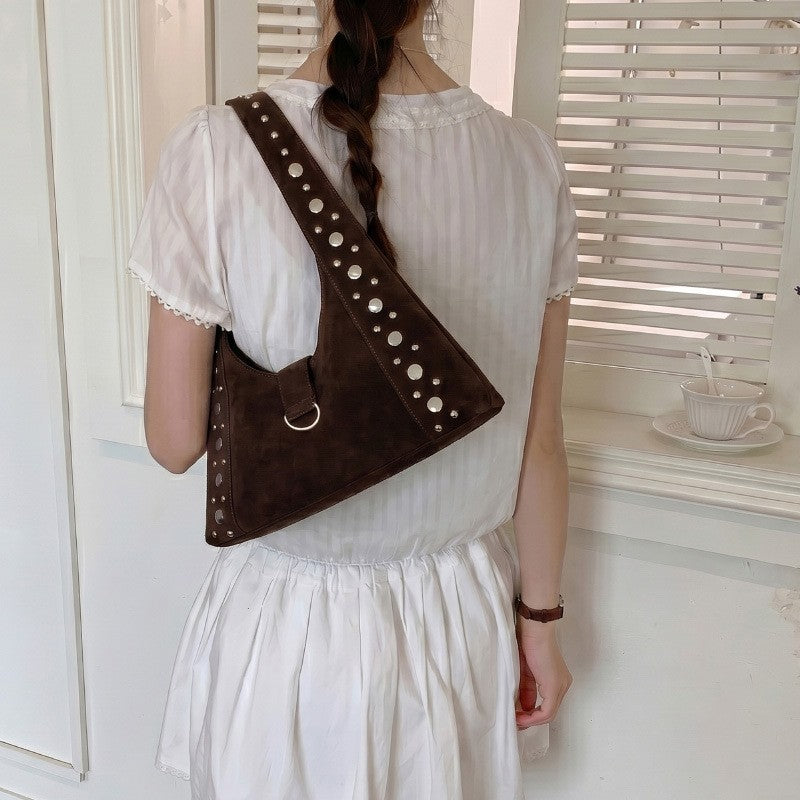 Studded Faux Suede Hobo Shoulder Bag