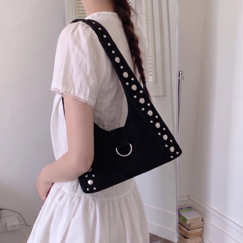 Studded Faux Suede Hobo Shoulder Bag