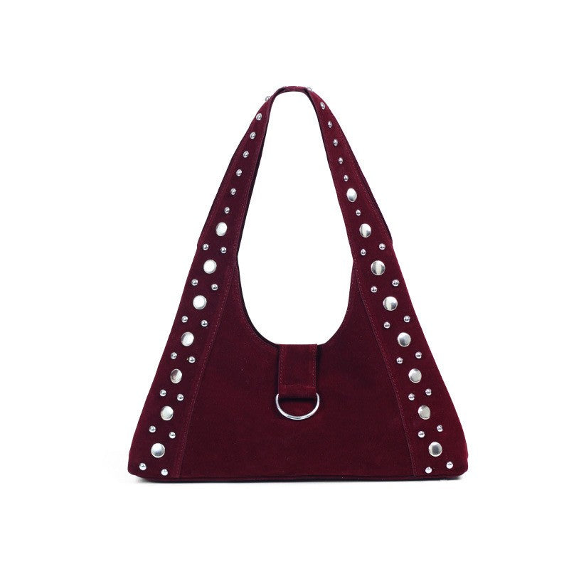 Studded Faux Suede Hobo Shoulder Bag