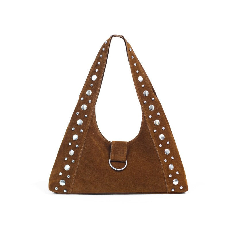 Studded Faux Suede Hobo Shoulder Bag