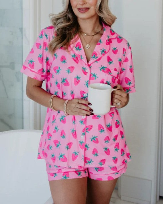Piped Short Sleeve Pajama Shorts Set - Strawberry