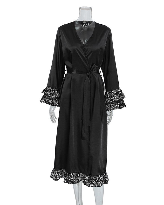 Ruffle Trim Tie Waist Satin Long Robe - Black