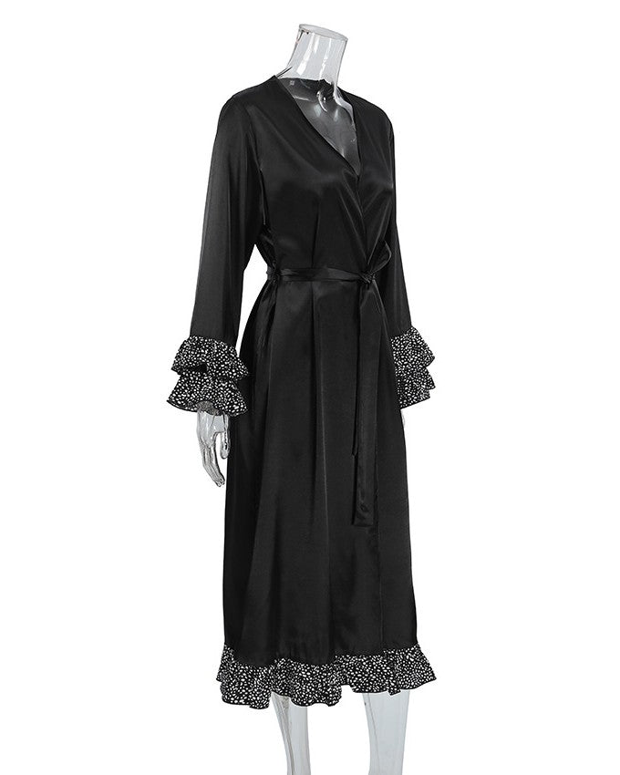 Ruffle Trim Tie Waist Satin Long Robe - Black - 2