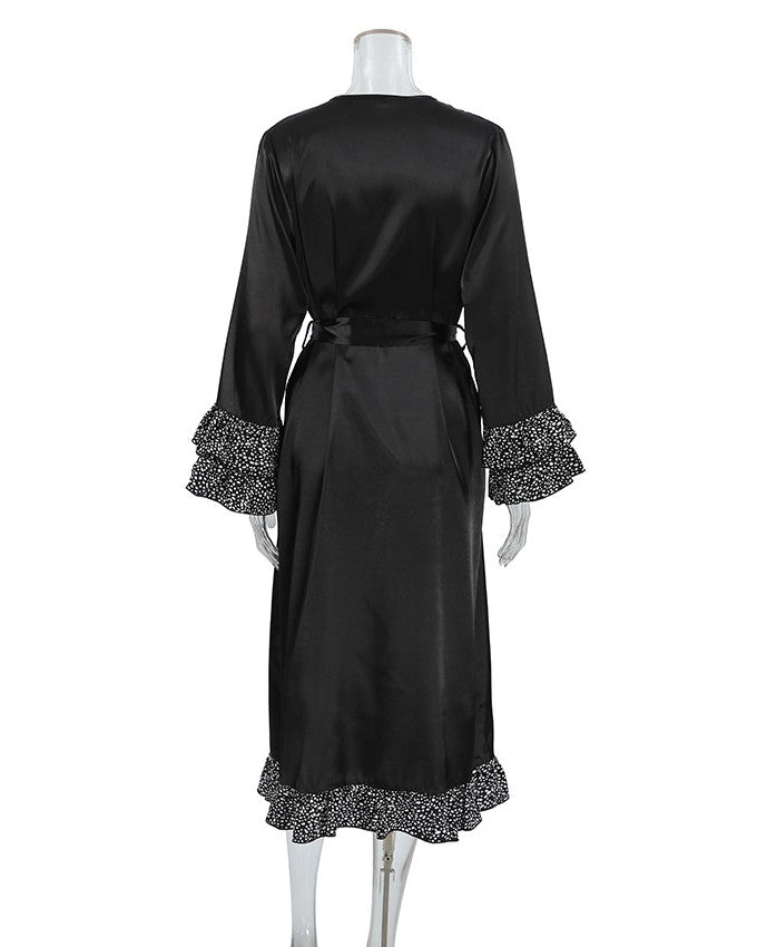 Ruffle Trim Tie Waist Satin Long Robe - Black - 3