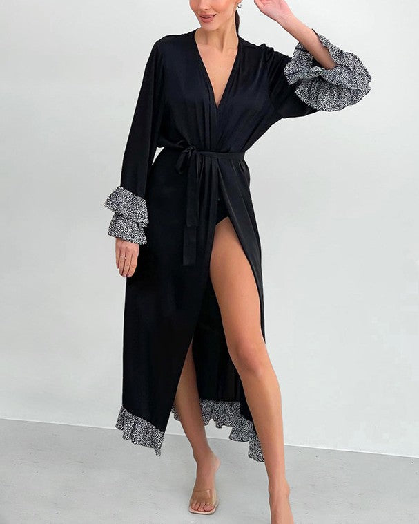 Ruffle Trim Tie Waist Satin Long Robe - Black - 4