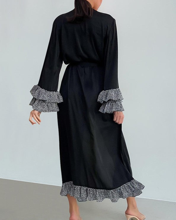 Ruffle Trim Tie Waist Satin Long Robe - Black - 5
