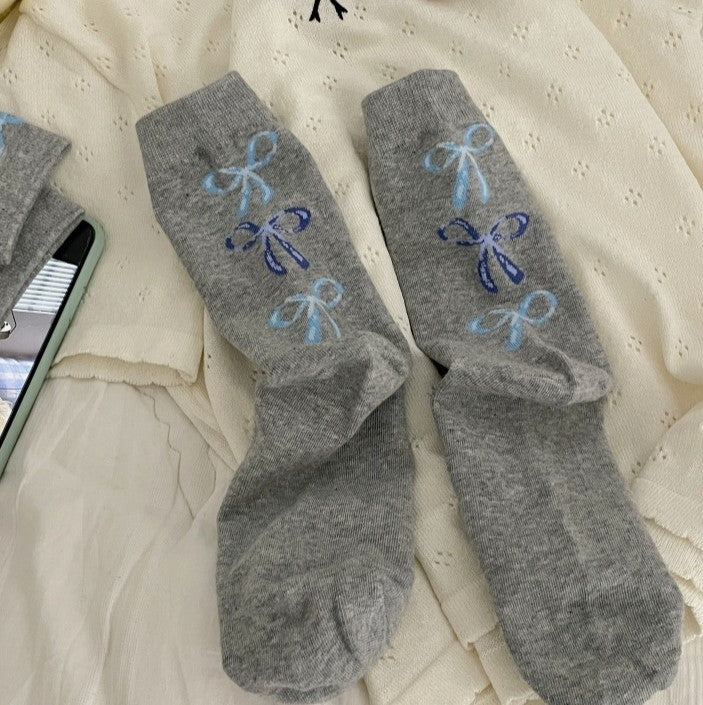 Scattered Bow Motif Cotton Crew Socks - Grey