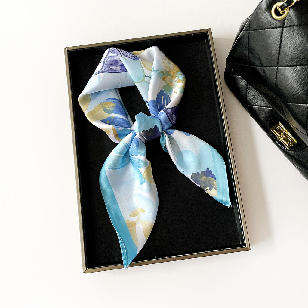 Watercolor Floral Butterfly Silky Square Bandana - Blue