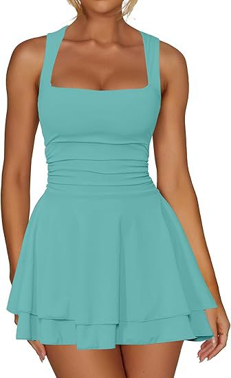 Square Neck Ruched Tiered Flare Mini Dress - Blue