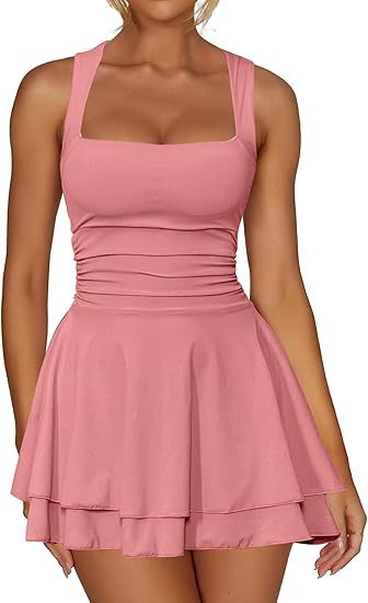 Square Neck Ruched Tiered Flare Mini Dress - Peach