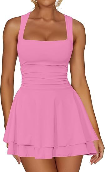 Square Neck Ruched Tiered Flare Mini Dress - Pink