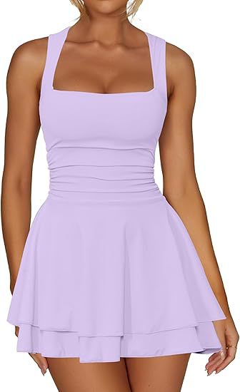 Square Neck Ruched Tiered Flare Mini Dress - Purple