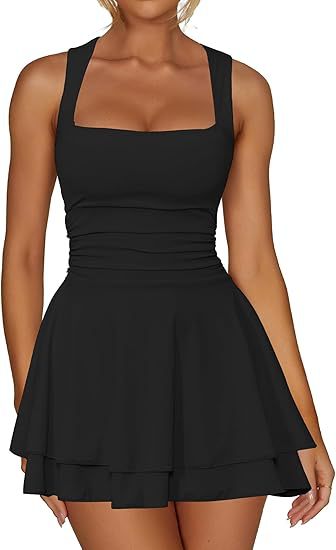 Square Neck Ruched Tiered Flare Mini Dress - black