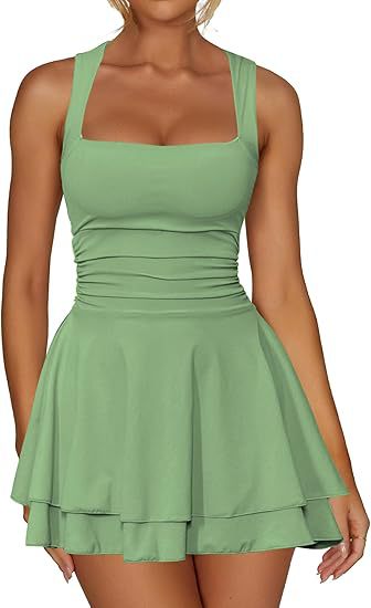 Square Neck Ruched Tiered Flare Mini Dress - green