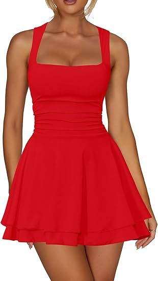 Square Neck Ruched Tiered Flare Mini Dress - red