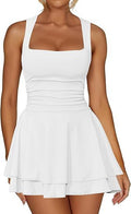 Square Neck Ruched Tiered Flare Mini Dress - white