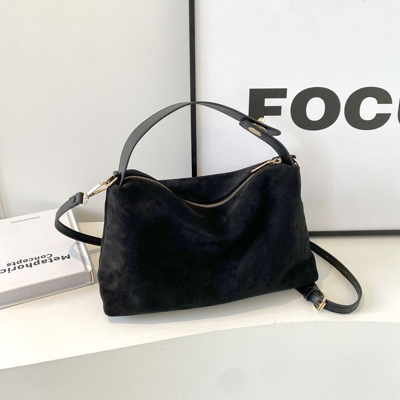 Slouchy Faux Suede Shoulder Bag with Buckle Strap - Black