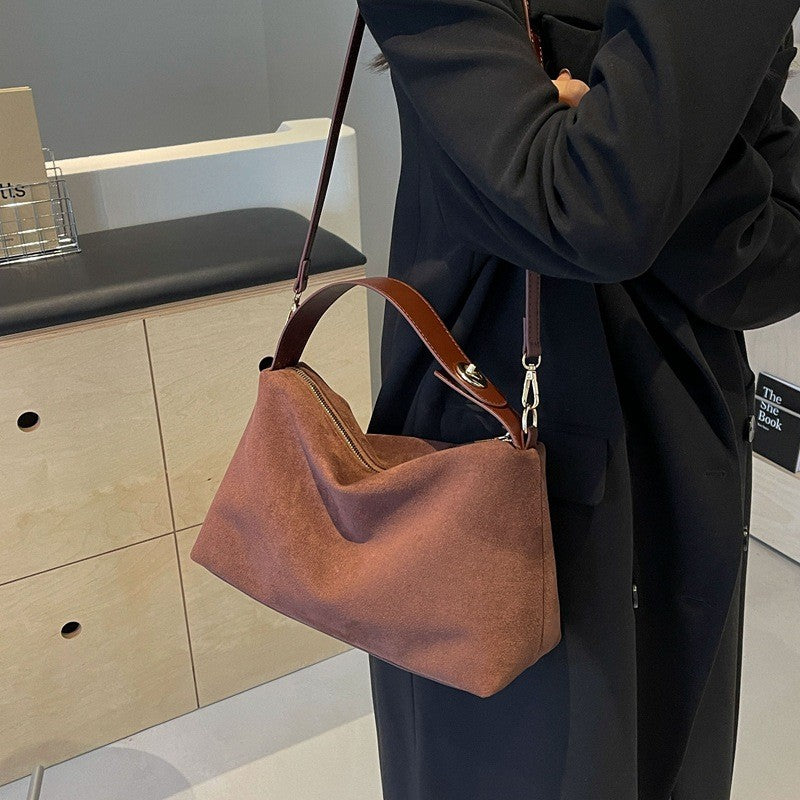 Slouchy Faux Suede Shoulder Bag with Buckle Strap