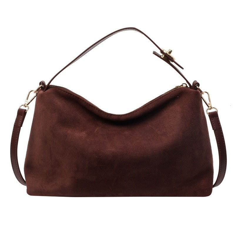 Slouchy Faux Suede Shoulder Bag with Buckle Strap