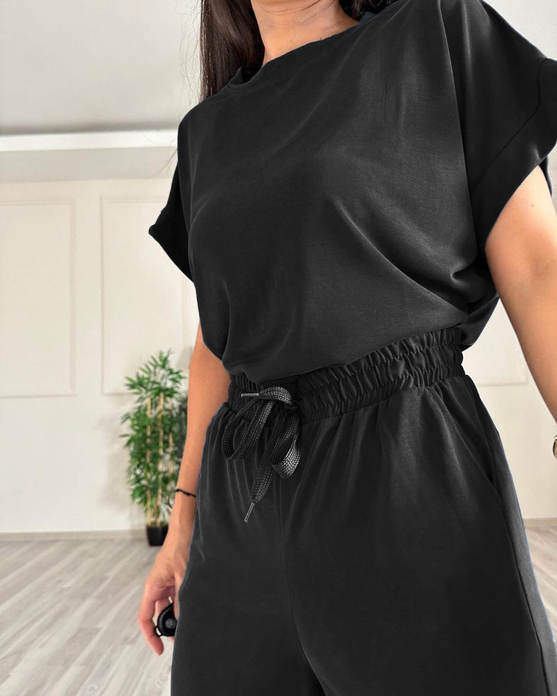 Boxy Tee and Drawstring Wide Leg Pant Set - Black - 3