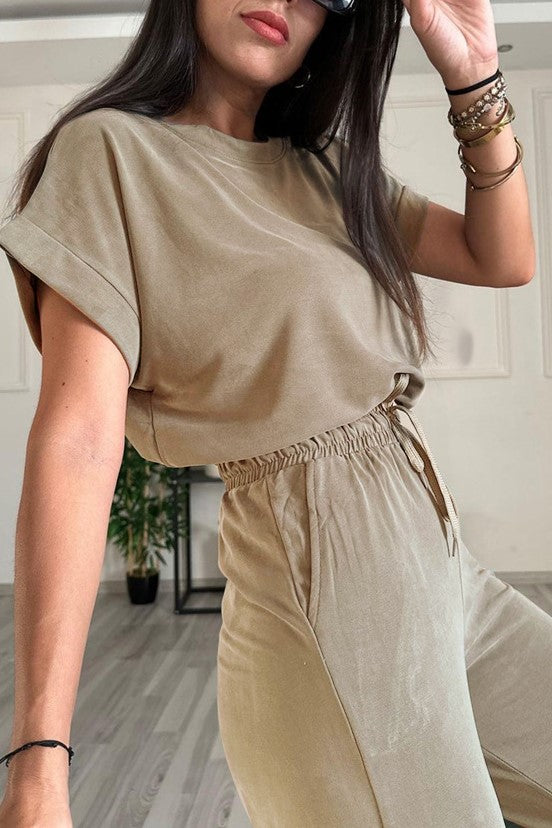 Boxy Tee and Drawstring Wide Leg Pant Set - Khaki - 2