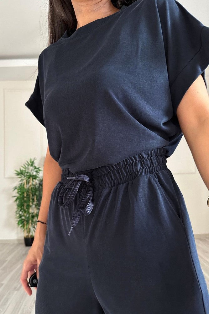 Boxy Tee and Drawstring Wide Leg Pant Set - Navy - 1