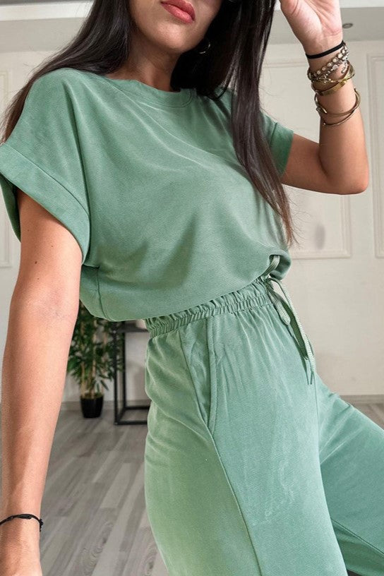 Boxy Tee and Drawstring Wide Leg Pant Set - Sage