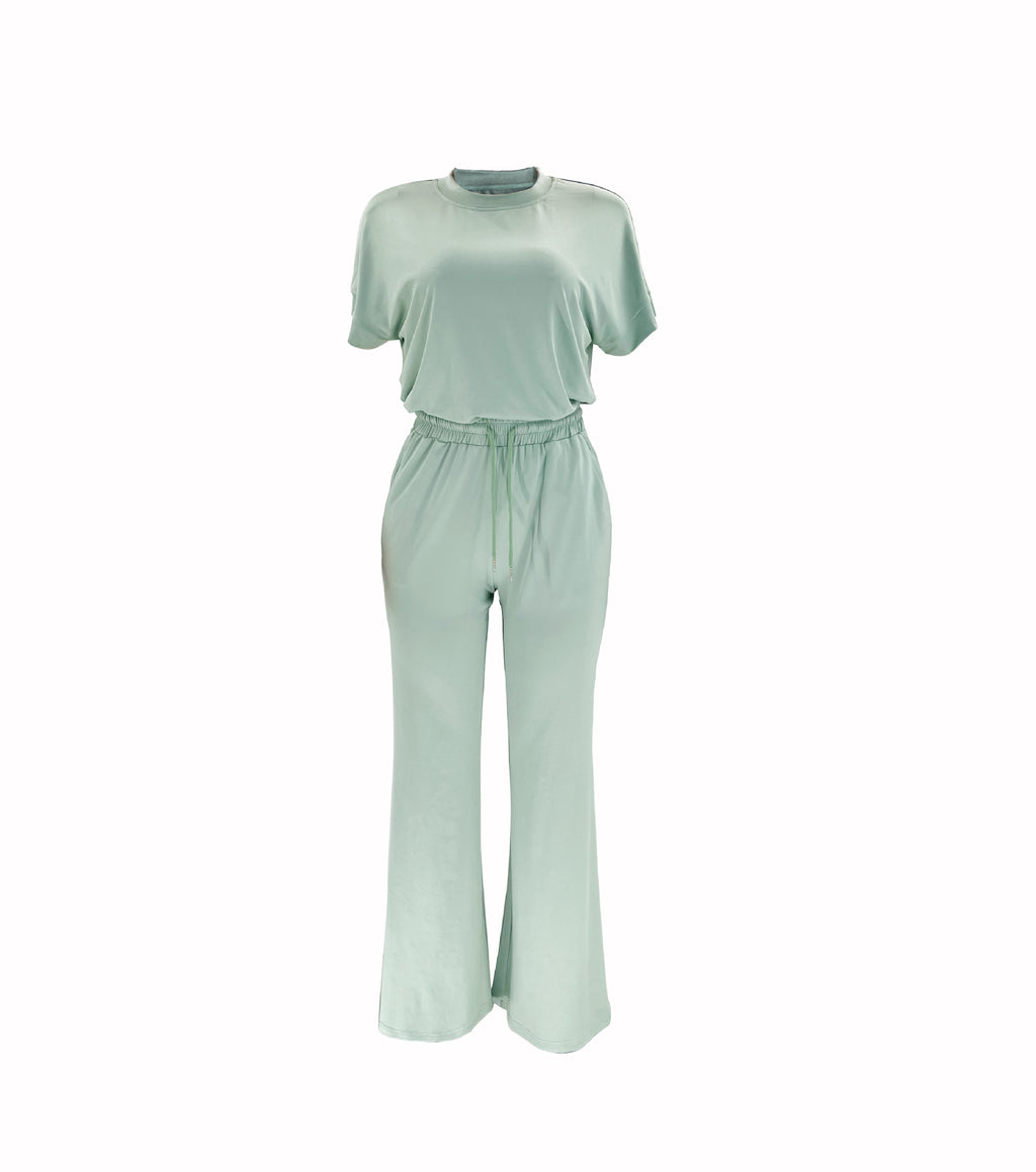 Boxy Tee and Drawstring Wide Leg Pant Set - Sage - 10