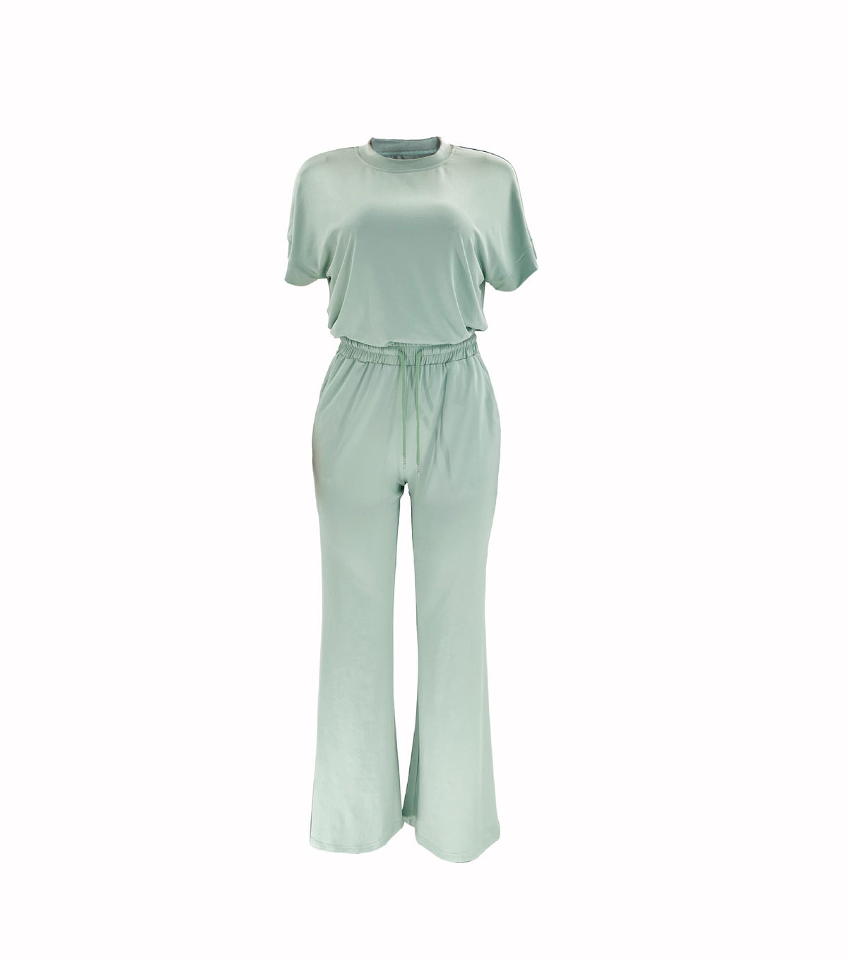 Boxy Tee and Drawstring Wide Leg Pant Set - Sage - 10