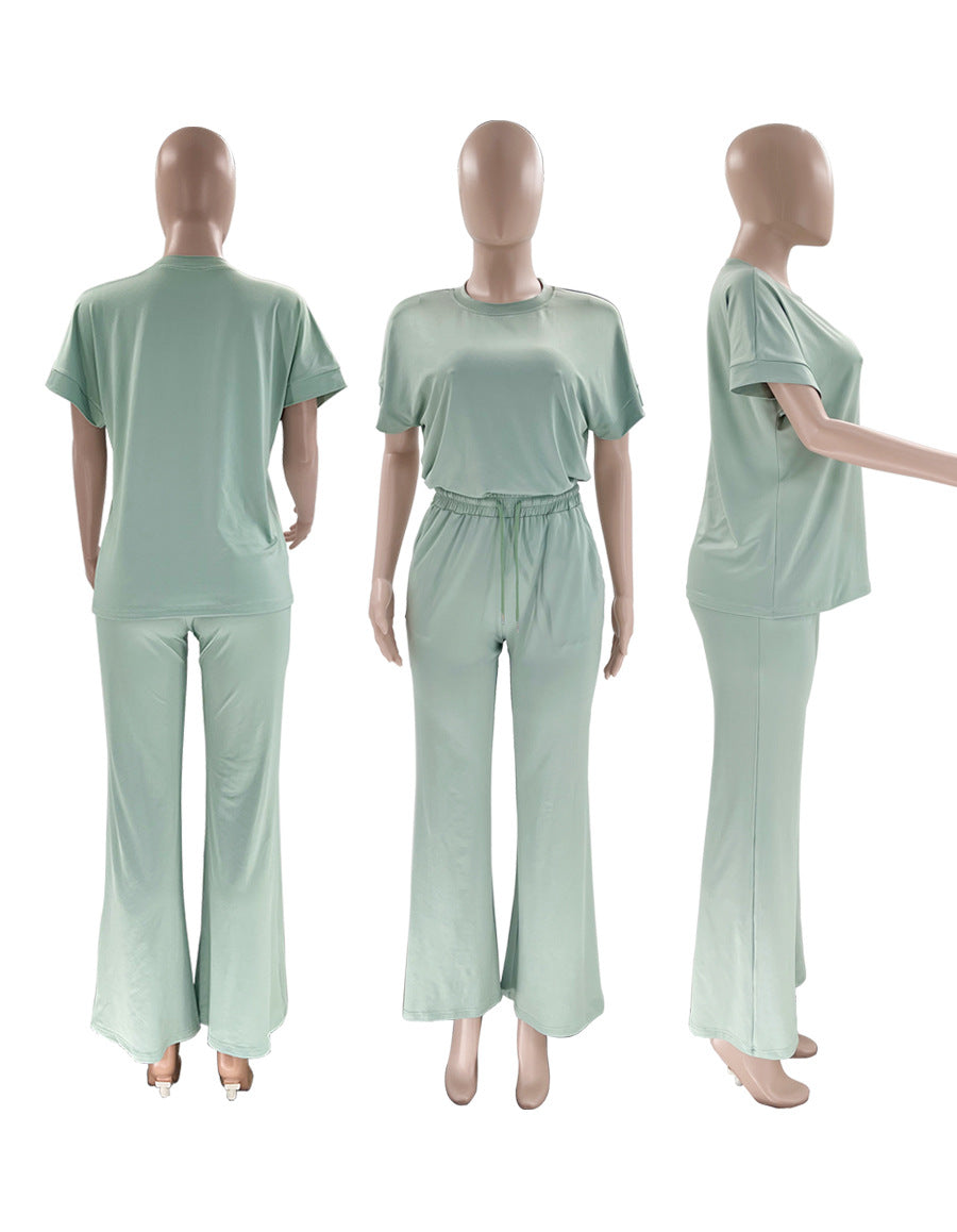 Boxy Tee and Drawstring Wide Leg Pant Set - Sage - 2