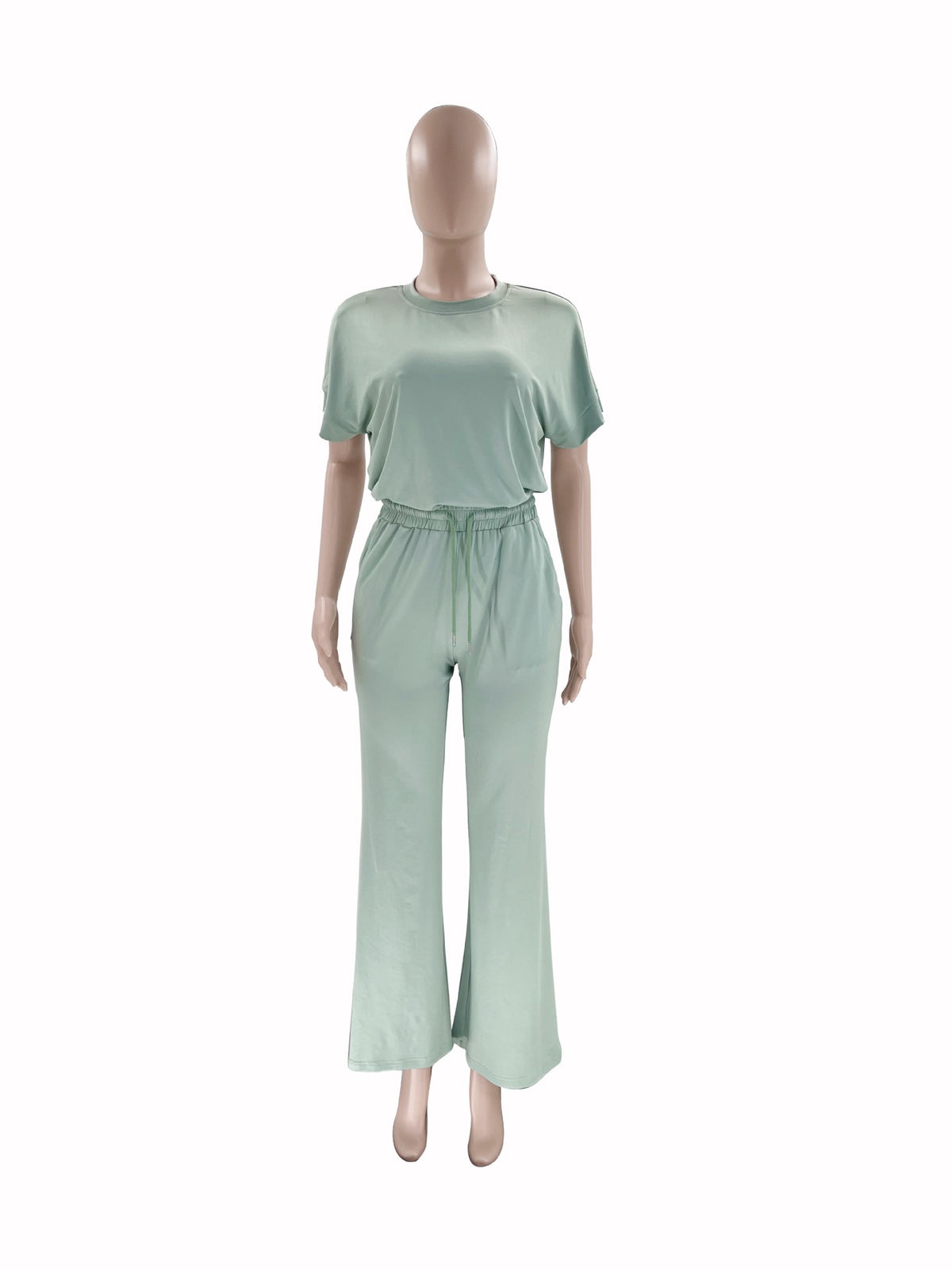 Boxy Tee and Drawstring Wide Leg Pant Set - Sage - 3