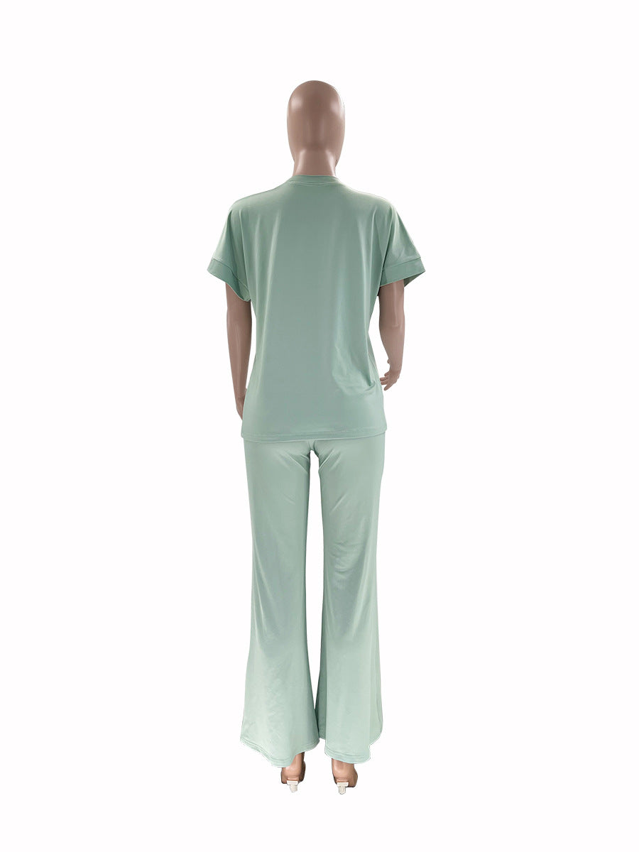 Boxy Tee and Drawstring Wide Leg Pant Set - Sage - 5