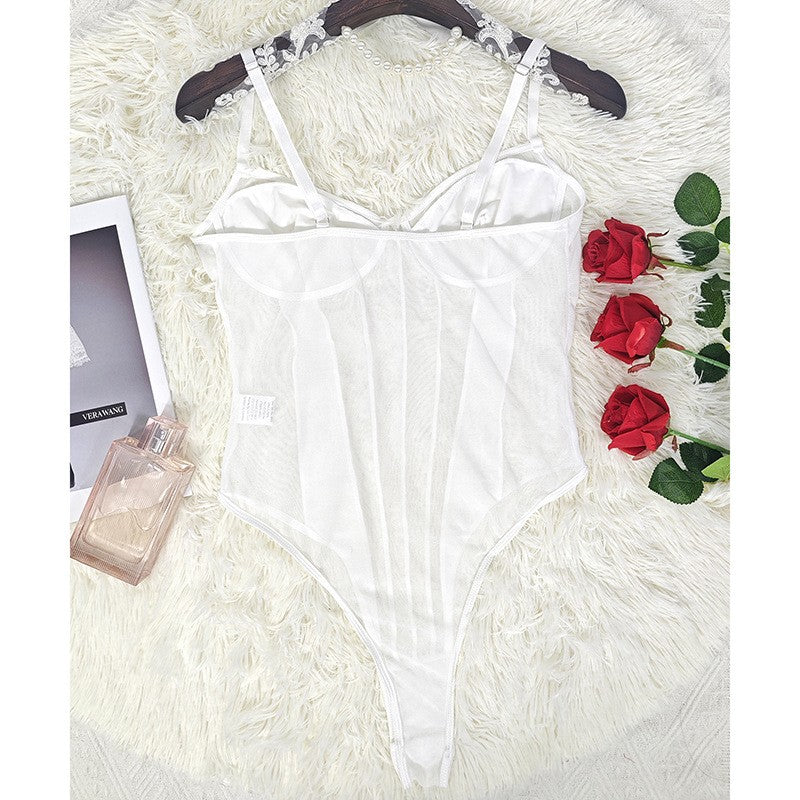 Sheer Mesh Corset Seam Cupped Thong Bodysuit
