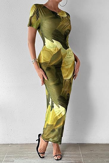Abstract Print Short Sleeve Bodycon Maxi Dress - army_green