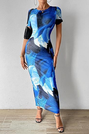 Abstract Print Short Sleeve Bodycon Maxi Dress - blue