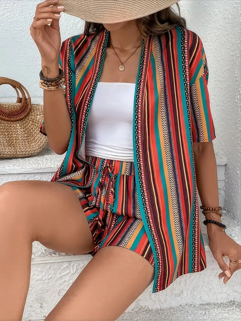 Printed Open Kimono Shirt And Shorts Set - Color_11