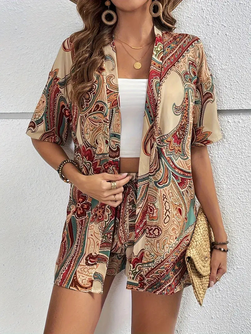 Printed Open Kimono Shirt And Shorts Set - Color_13