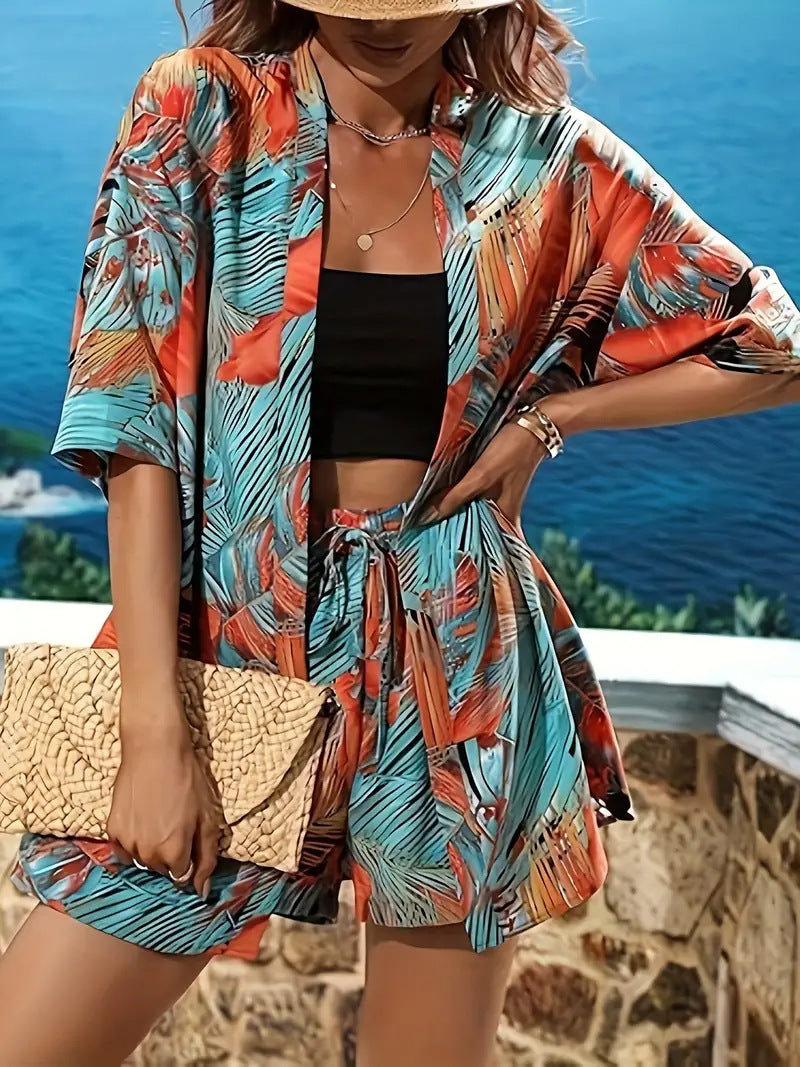Printed Open Kimono Shirt And Shorts Set - Color_18