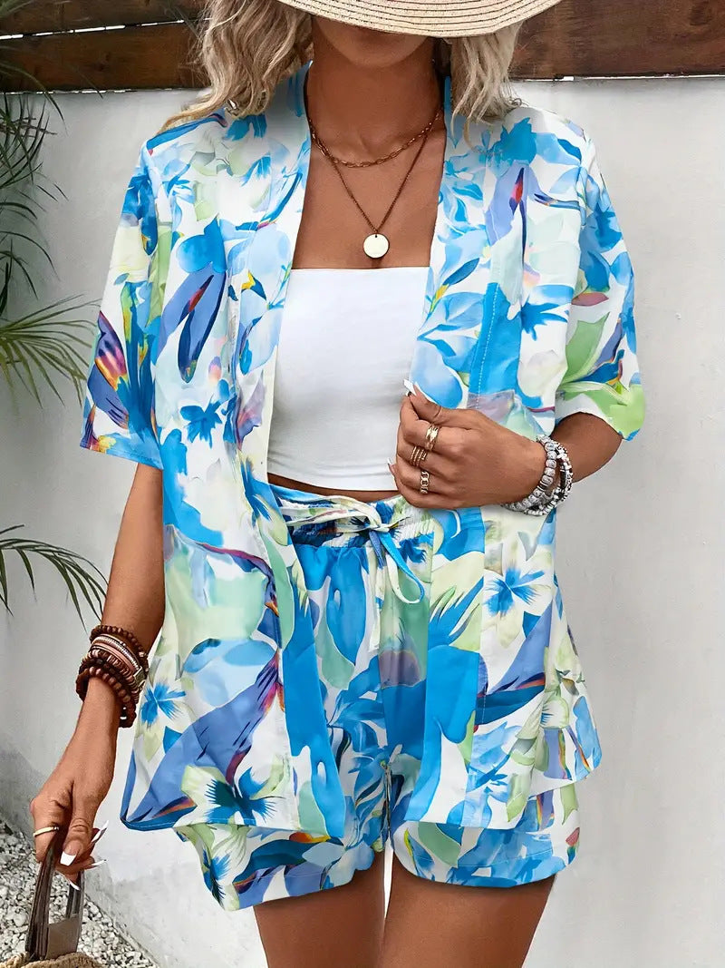 Printed Open Kimono Shirt And Shorts Set - Color_19