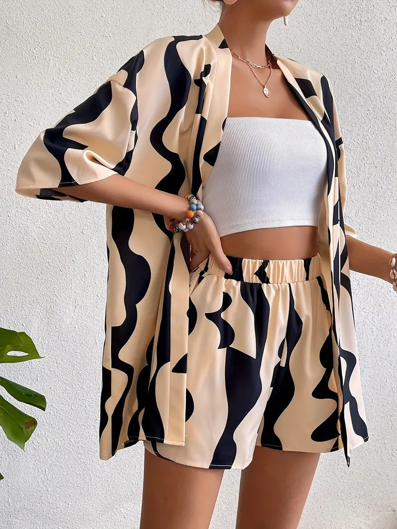 Printed Open Kimono Shirt And Shorts Set - Color_21